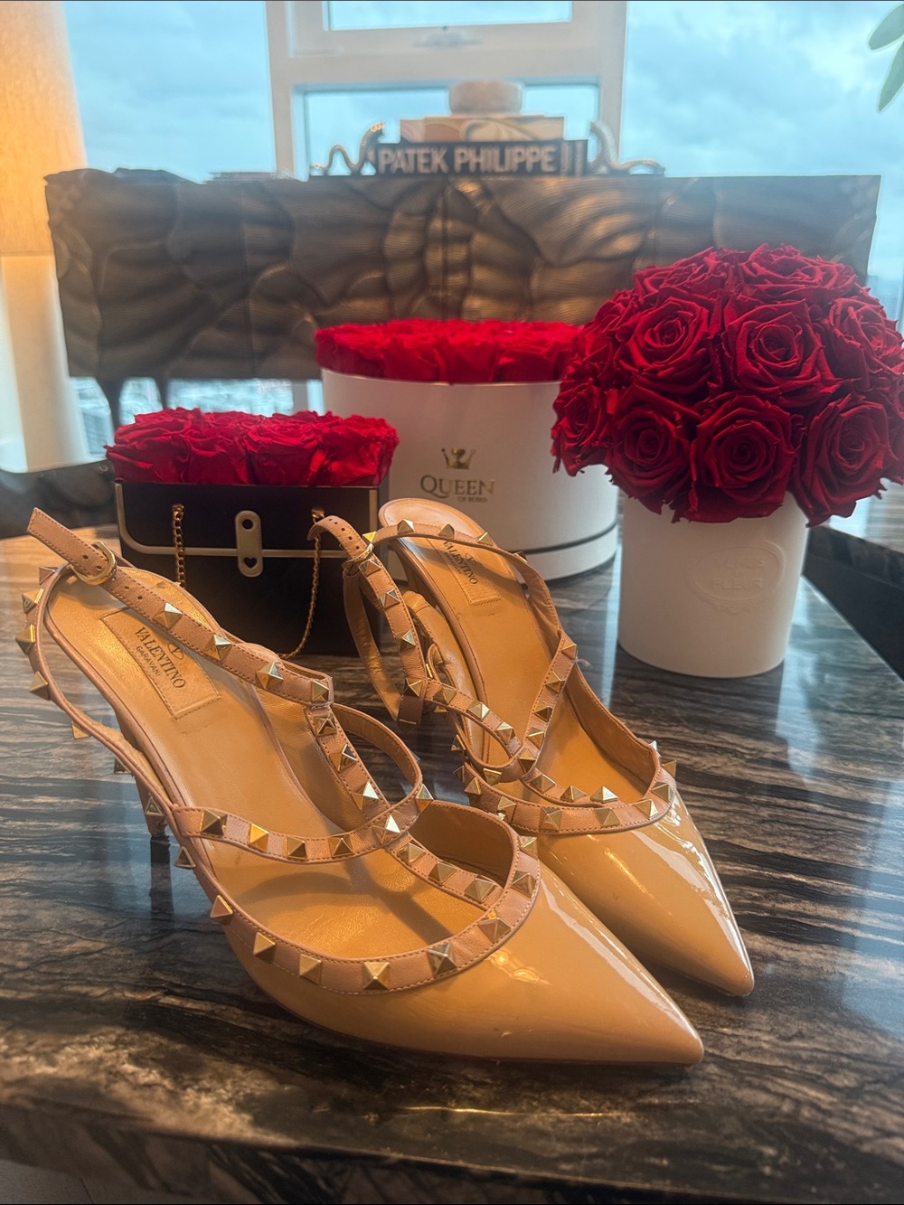 Valentino Nude Patent Leather Rockstud Slingback Pumps